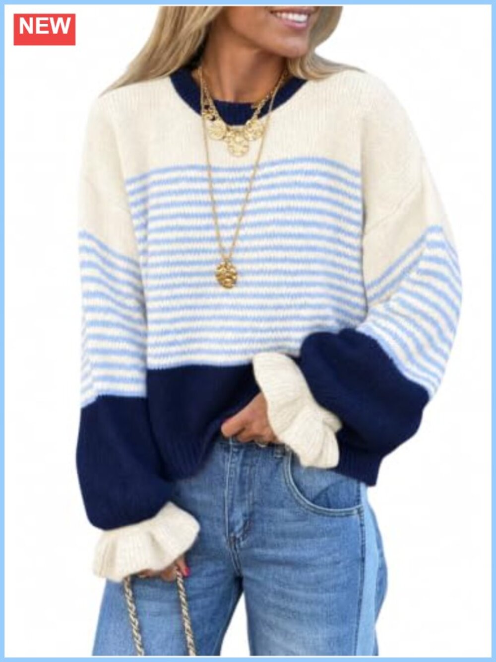 Womens Color Block Striped Knit Pullover Sweater Ruffle Sleeve Crew Neck
